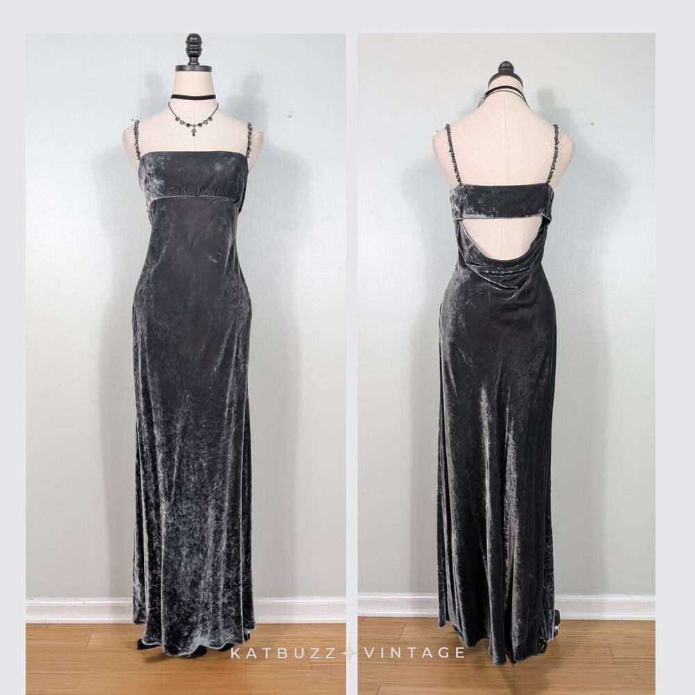 Tahari Velvet Maxi Dress Evening Gown 6 Gray Silk Blend Bead Holiday Guest Glam